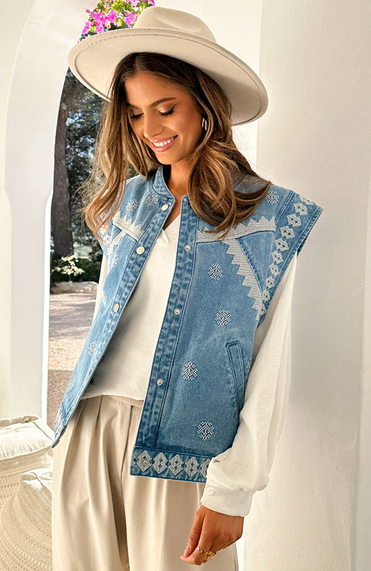 EMBROIDERY DENIM GILET SCHOUDERDETAIL