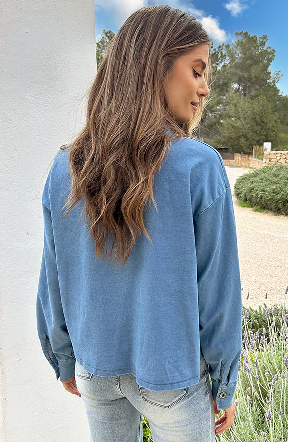 DENIM BOW BLOUSE BLAUW