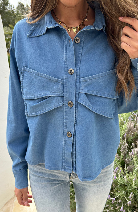 DENIM BOW BLOUSE BLAUW