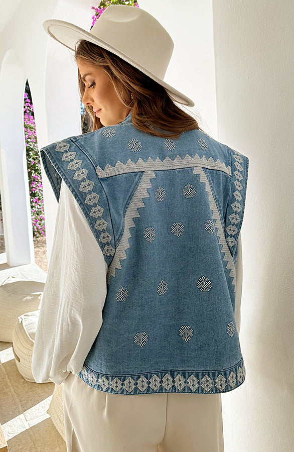 EMBROIDERY DENIM GILET SCHOUDERDETAIL