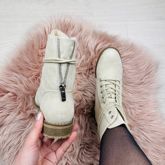 Beige Lace-Up Boots