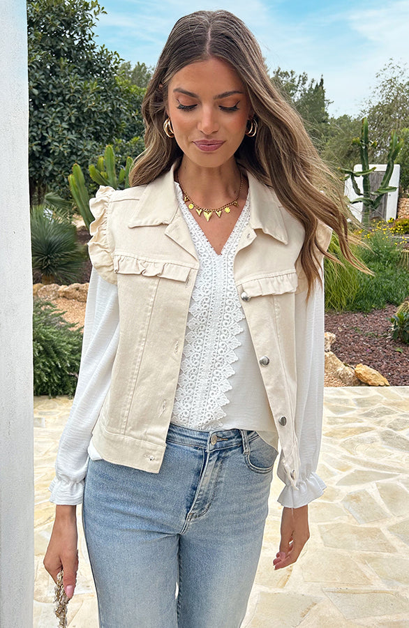 RUFFLE DENIM GILET BEIGE