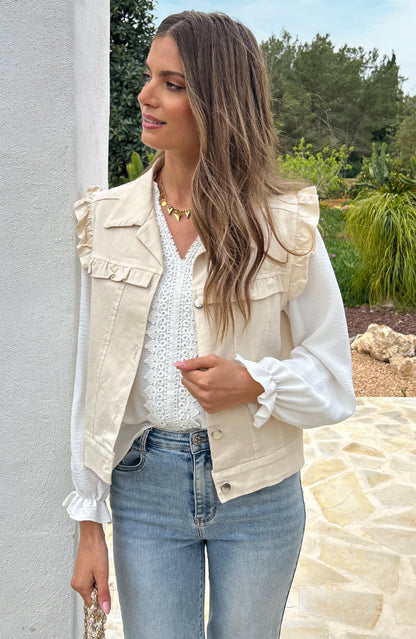 RUFFLE DENIM GILET BEIGE